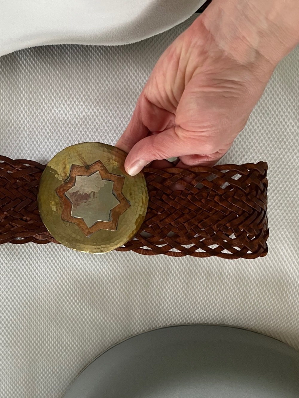 Moroccan Soussan Designs Woven Braided Hip Leather Belt with gold/silver buckle